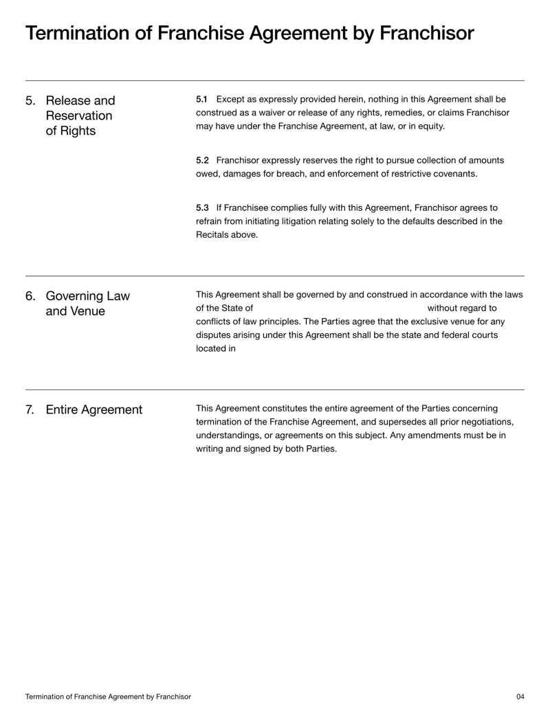 Termination of Franchise Agreement by Franchisor detailing default grounds, post-termination duties and enforcement rights