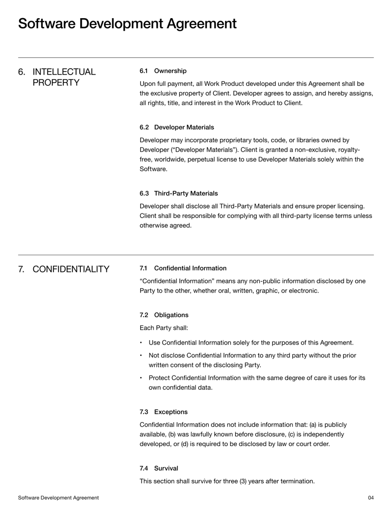 Software Development Agreement template for defining developer-client roles, deliverables and IP ownership