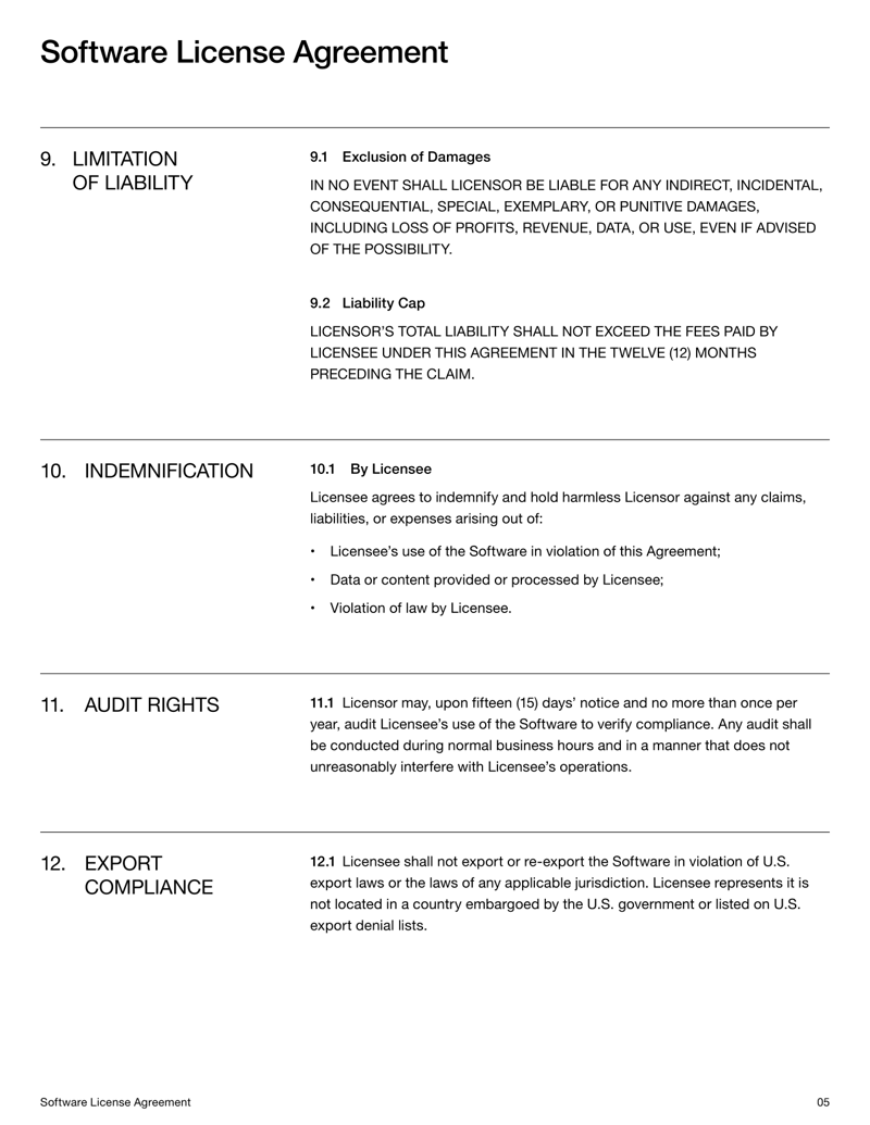 Software License Agreement for setting software usage rights between licensor and licensee