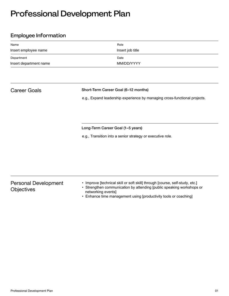 Professional Development Plan Form for outlining employee growth goals and training