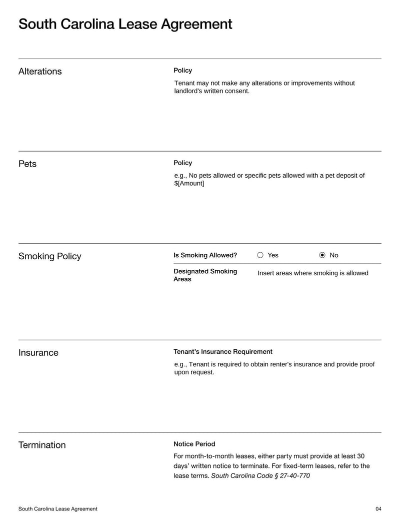 Large thumbnail of South Carolina Lease Agreement Template