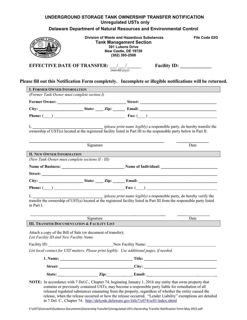 Large thumbnail of Delaware Underground Storage Tank Ownership Transfer Notification