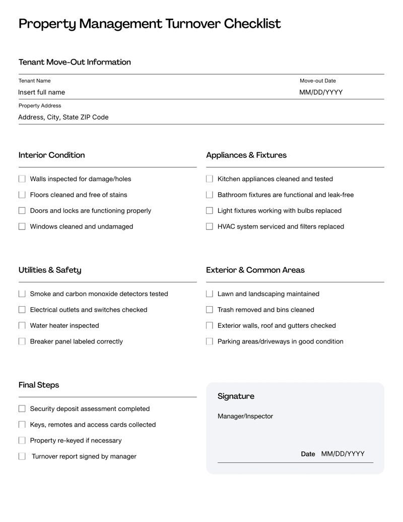 Property Management Turnover Checklist with sections for interior, appliances, utilities, exterior and final tasks