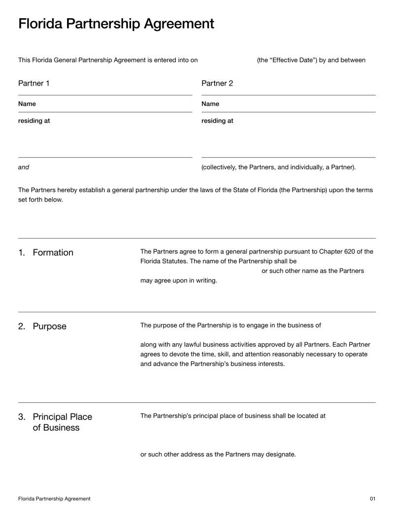 Partnership Agreement for Florida defining formation, partner duties, ownership interests and dispute resolution under Florida law
