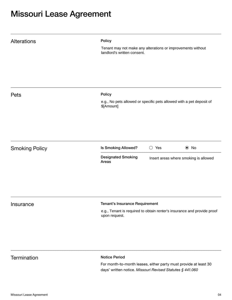 Missouri Lease Agreement document with landlord and tenant terms