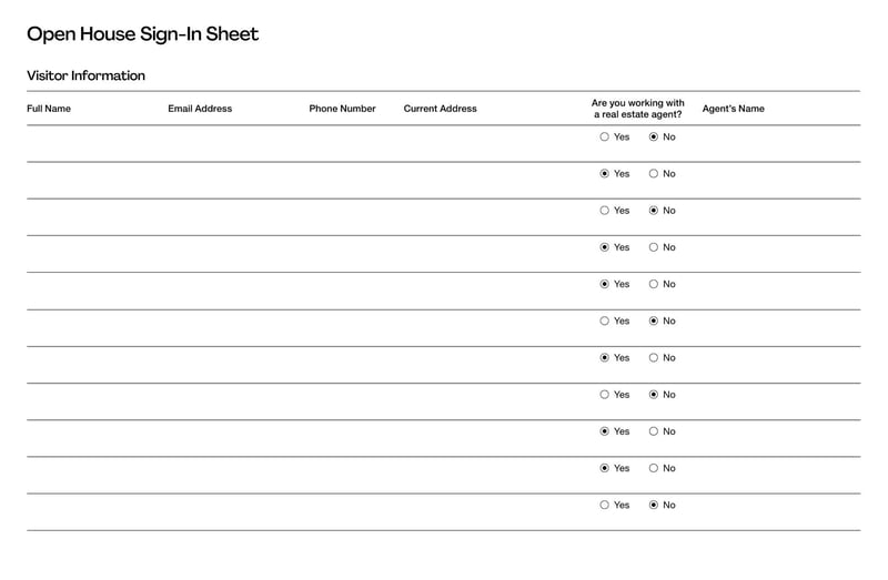 Open House Sign-In Sheet for collecting visitor contact details at property showings