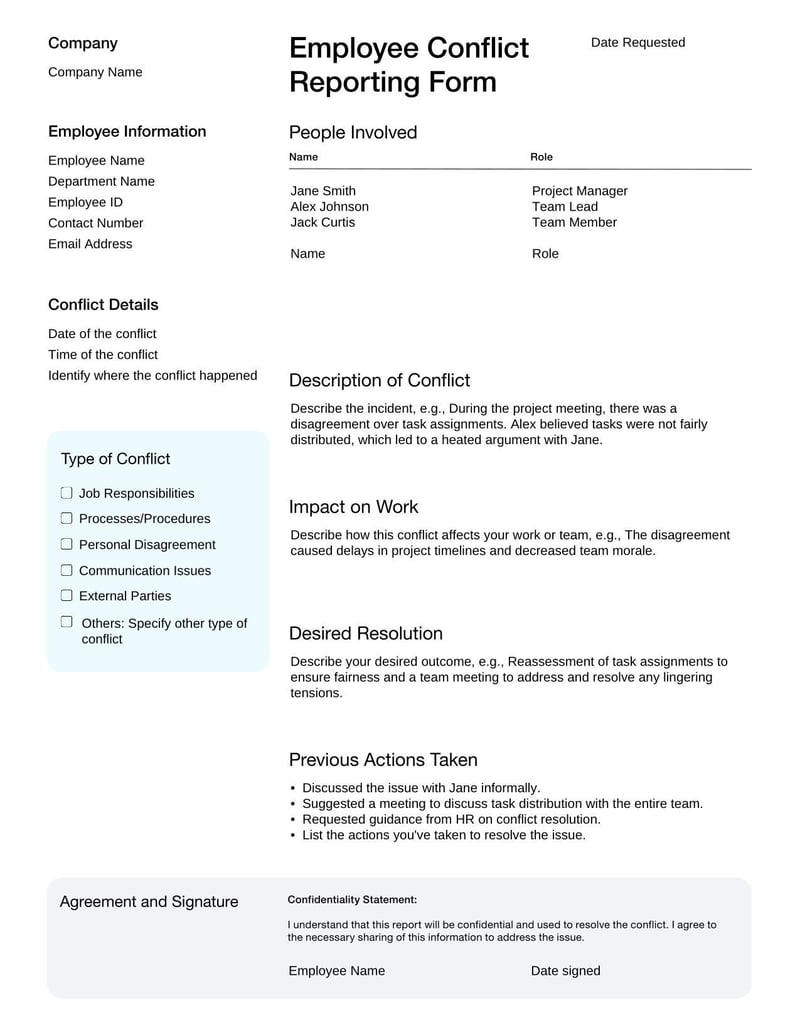 Employee Conflict Reporting Form for documenting and addressing workplace disputes or issues