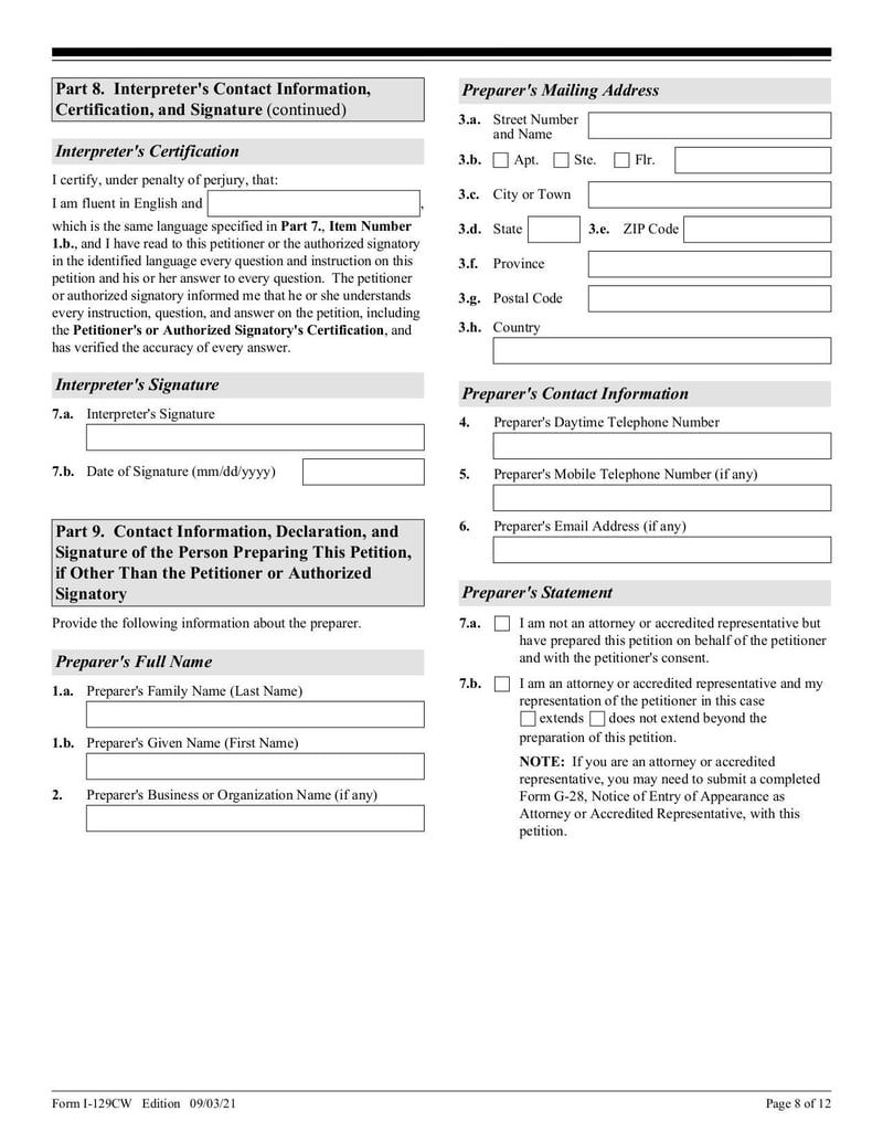 Large thumbnail of Form I-129CW - Sep 2021