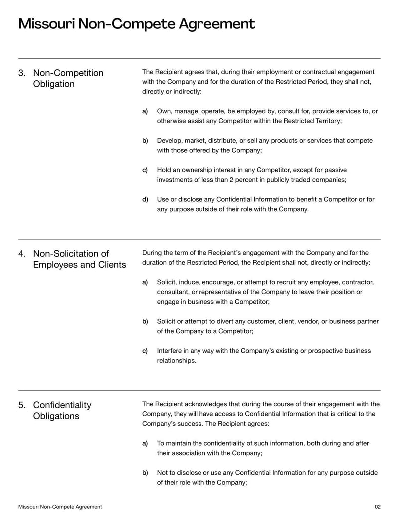 Non-Compete Agreement Missouri template listing conditions for competitive work post-employment