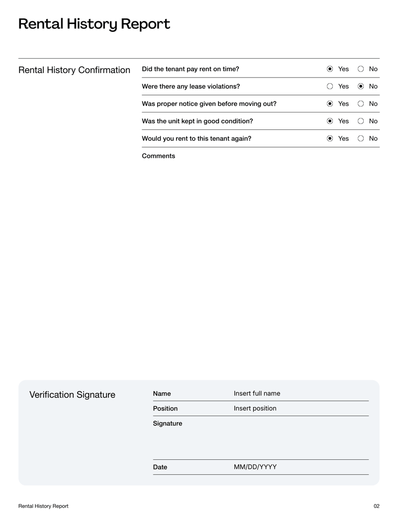 Rental History Report with sections for tenant info, landlord feedback and rental performance details