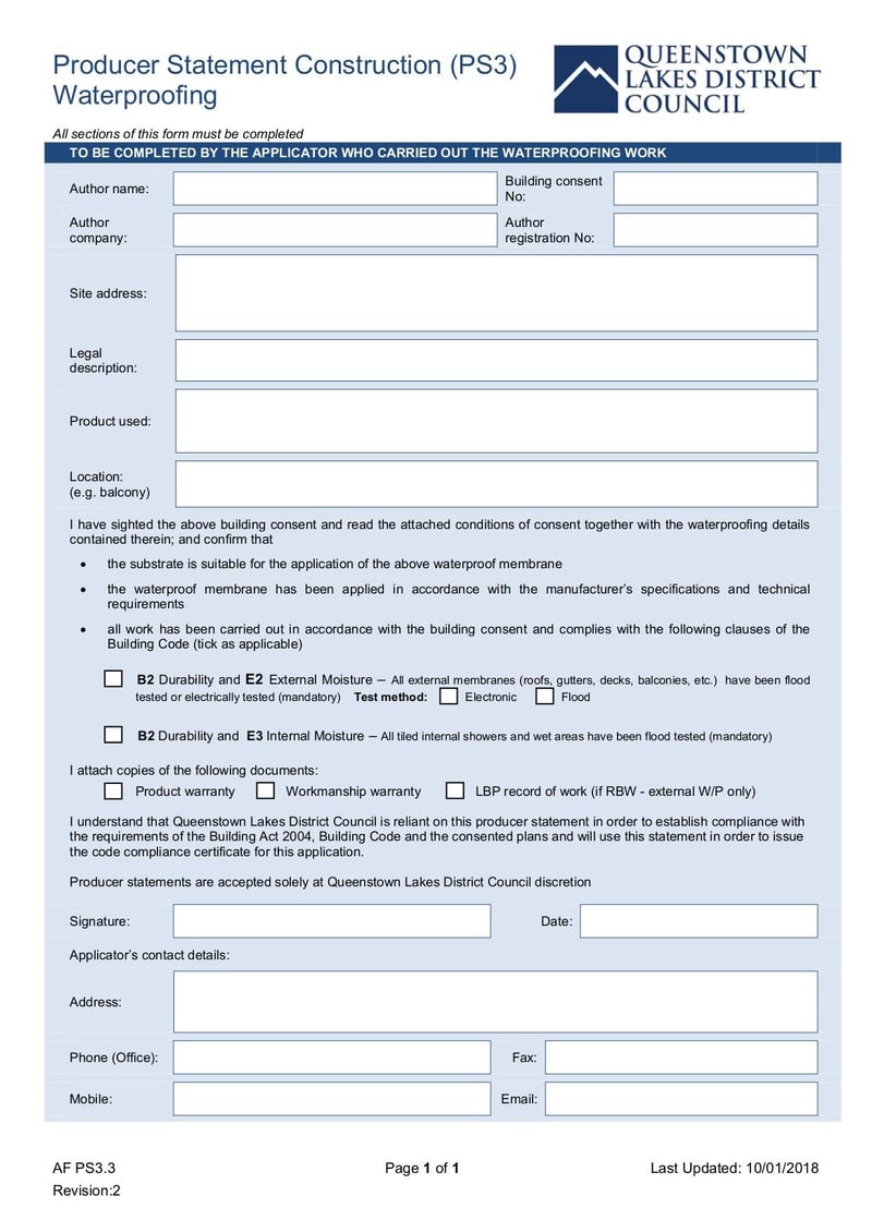 Large thumbnail of Producer Statement Construction (PS3) Waterproofing Form - Oct 2018
