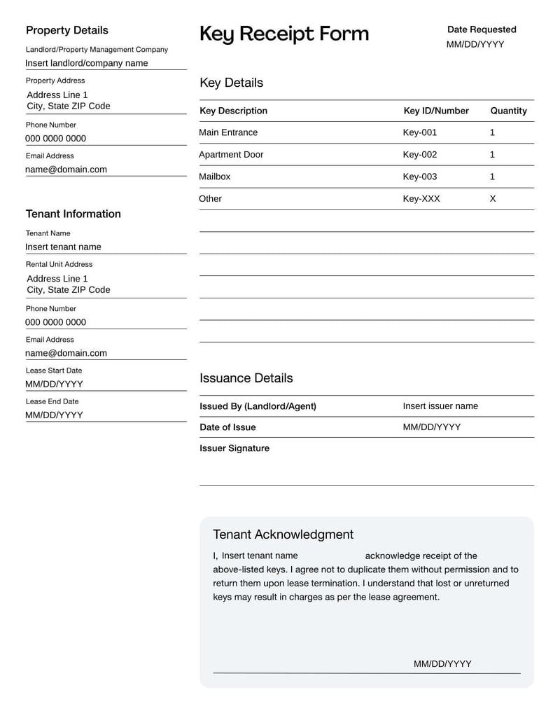 Key Receipt Form documenting key issuance, recipient details, return conditions, and security deposit requirements