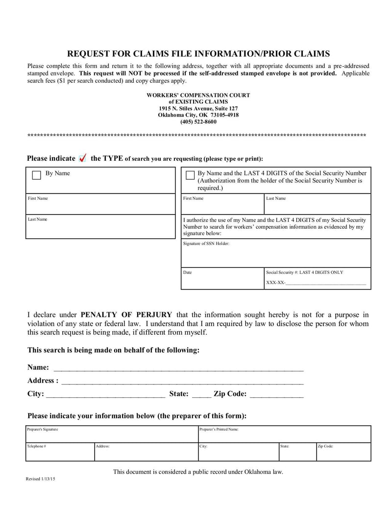 Large thumbnail of Request for Claims File Information or Prior Claims - Jan 2015