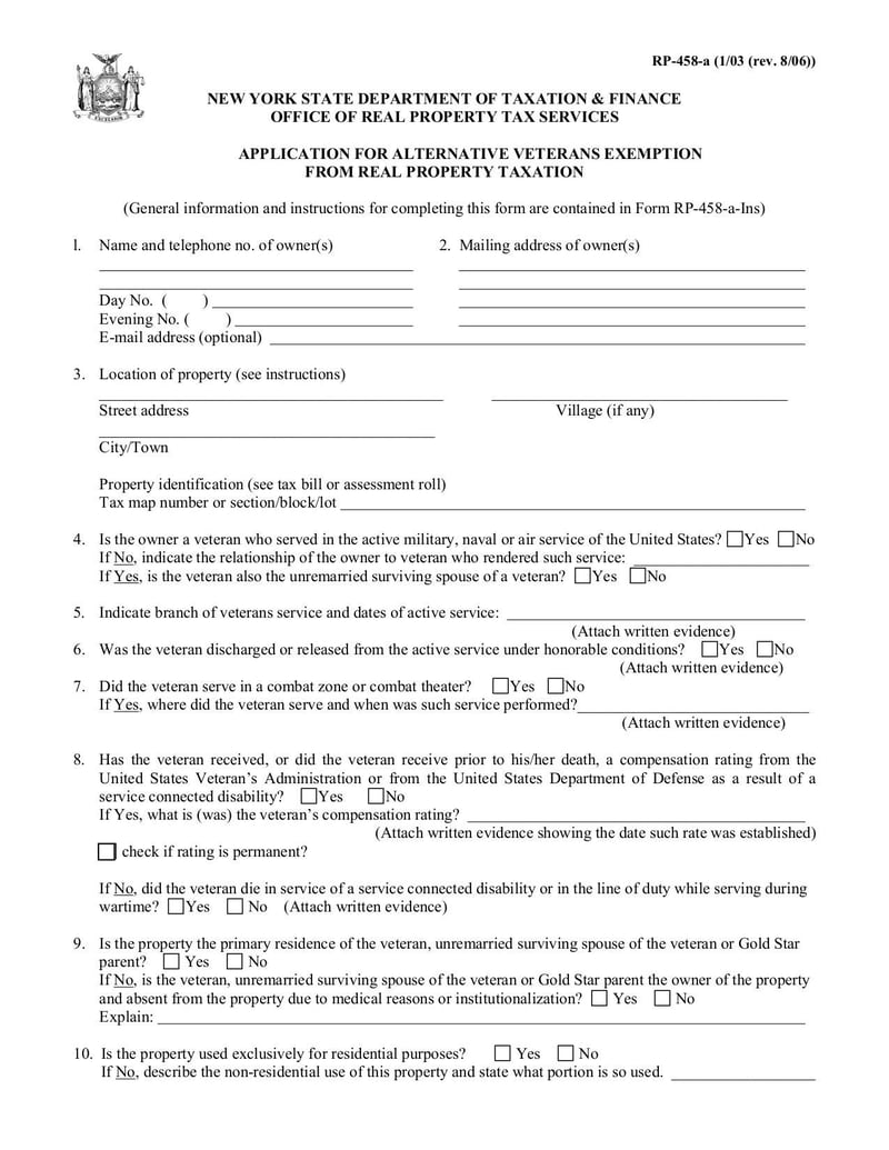 Application for Alternative Veterans Exemption from Real Property 