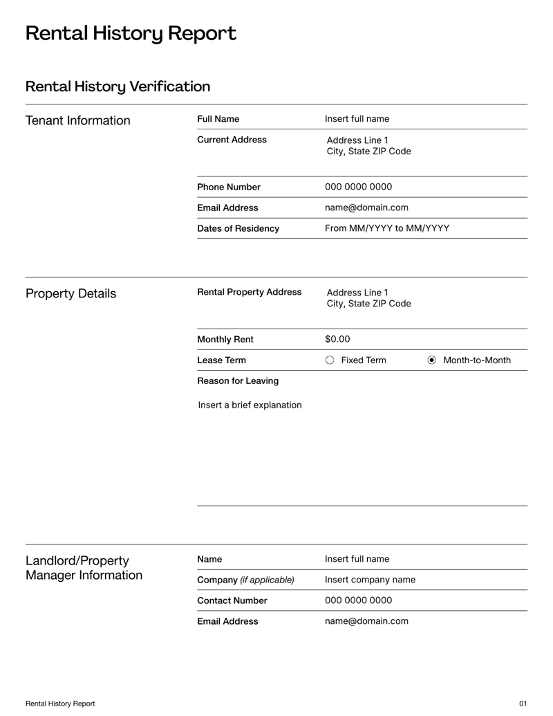 Rental History Report with sections for tenant info, landlord feedback and rental performance details
