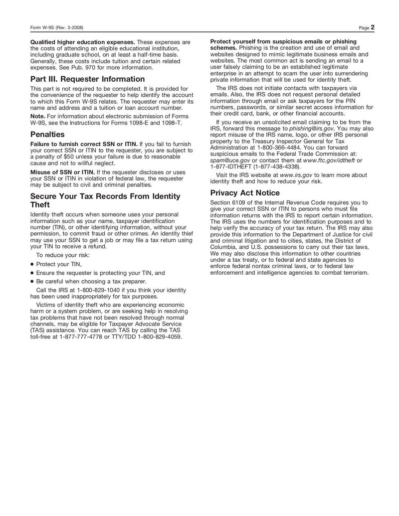 Large thumbnail of Form W-9S - Dec 2008