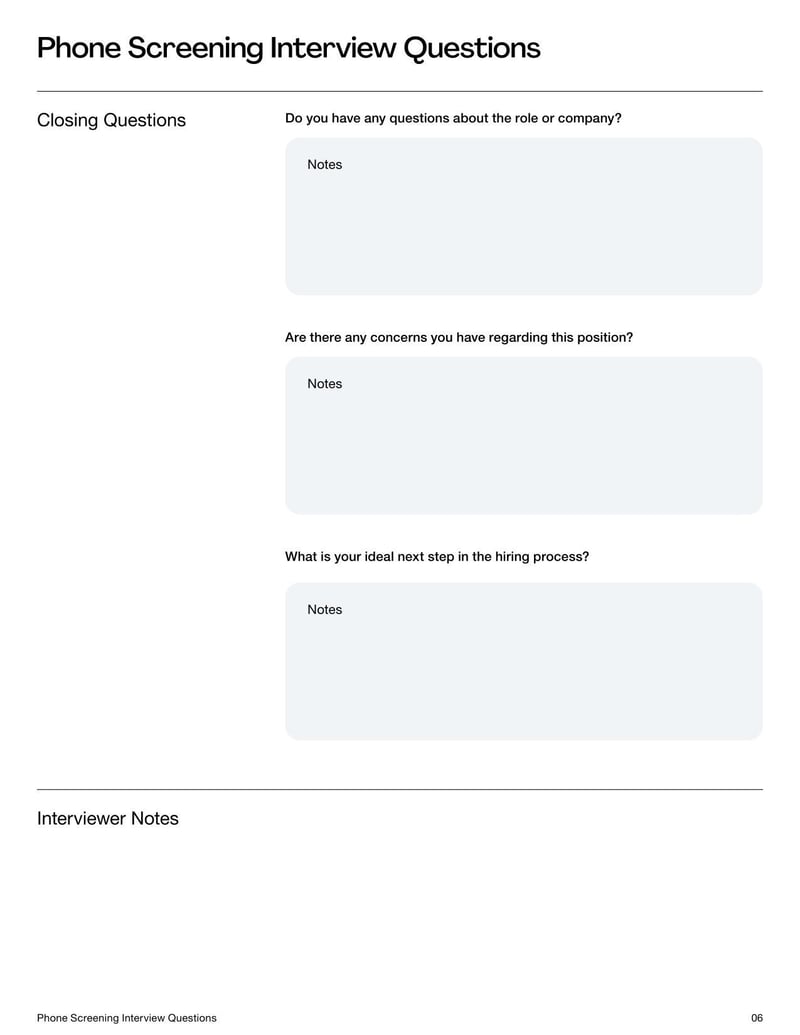 Phone Screen Interview Questions Template for evaluating a candidate’s qualifications, experience, and job fit during an initial call