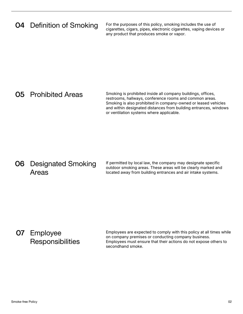 Smoke-free Policy document defining smoking restrictions, prohibited areas and employee acknowledgment