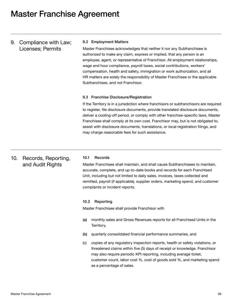Master Franchise Agreement granting territorial and subfranchise rights with terms on fees, obligations and brand compliance