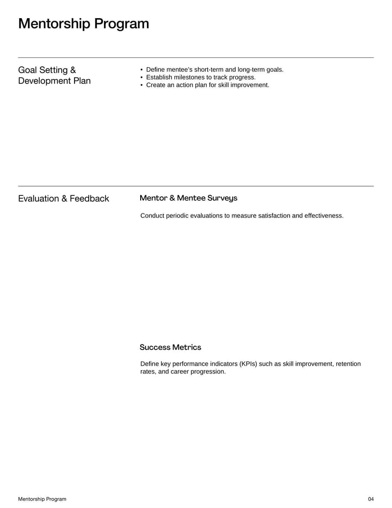 Mentorship Program Template for outlining mentor-mentee roles, objectives, and professional development plans