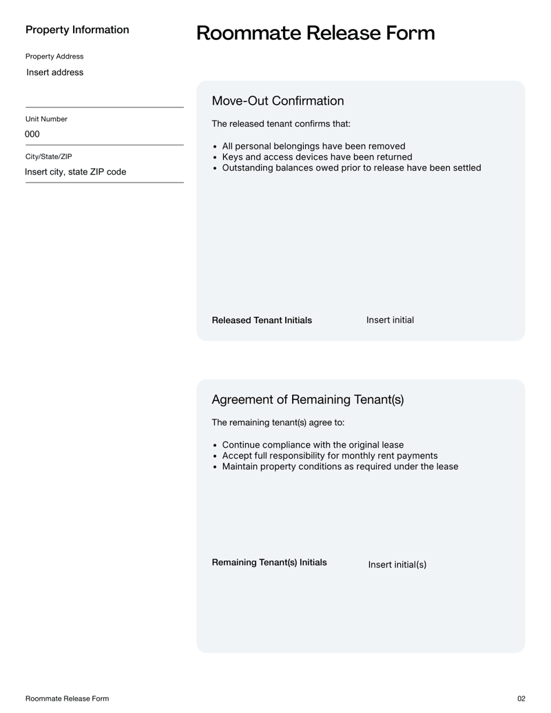 Roommate Release Form with sections for property details, tenant release terms, move-out confirmation and signature fields