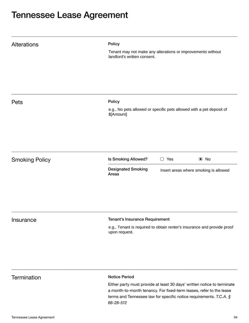 Large thumbnail of Tennessee Lease Agreement Template
