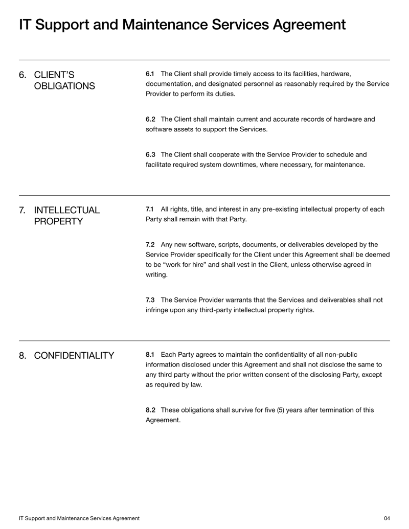 IT Support and Maintenance Services Agreement (India) with service terms, system upkeep details, and dispute resolution provisions