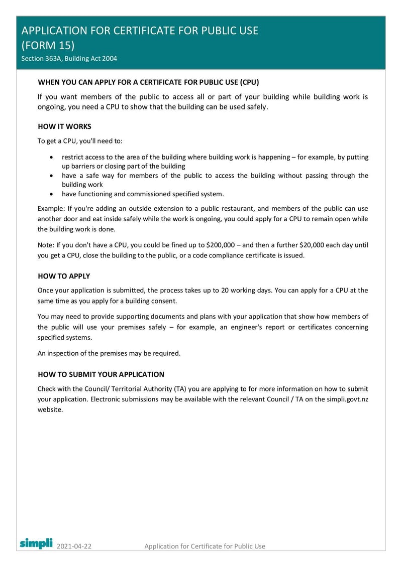 Large thumbnail of Form 15 Application for Certificate for Public Use - Apr 2021