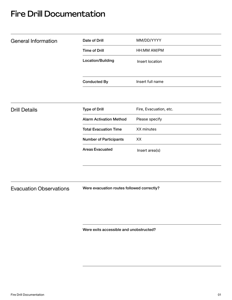 Fire Drill Documentation with sections for drill details, observations and corrective actions