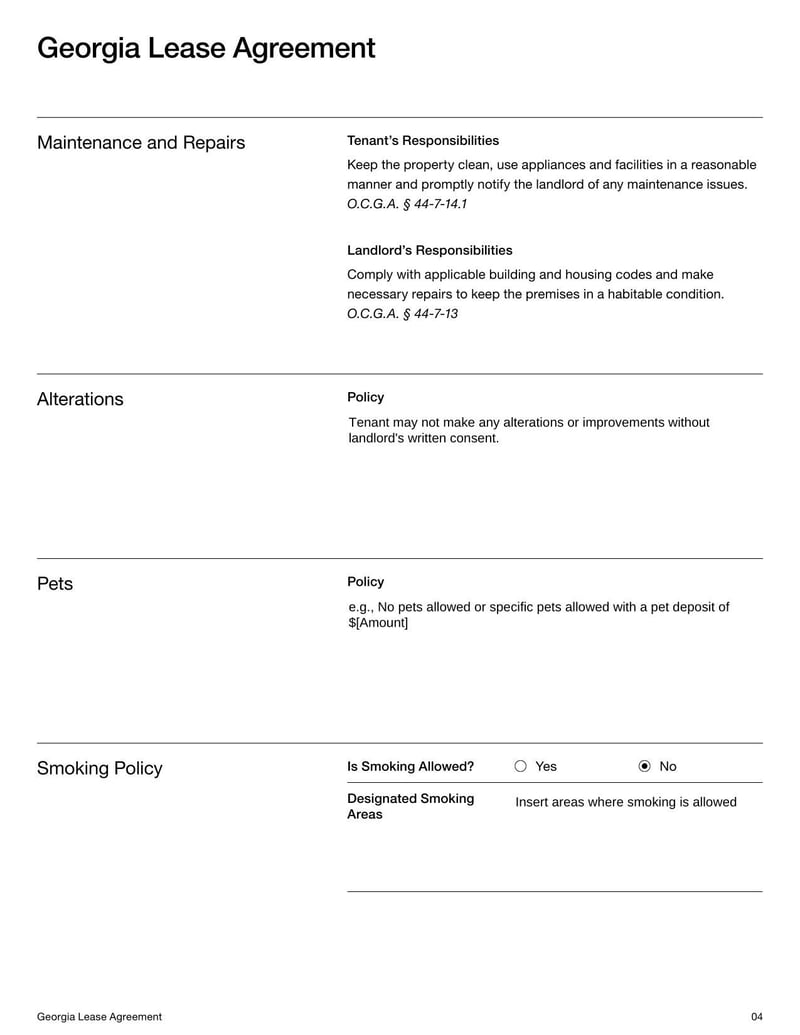 Georgia Lease Agreement for rental terms in Georgia