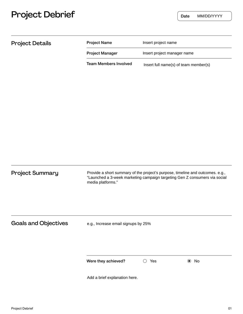 Project Debrief Template for reviewing project outcomes, identifying successes and pinpointing areas for improvement