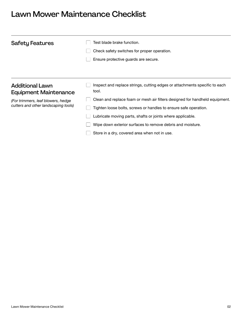 Lawn Mower Maintenance Checklist covering engine, blades, wheels, safety inspections and additional lawn care tools