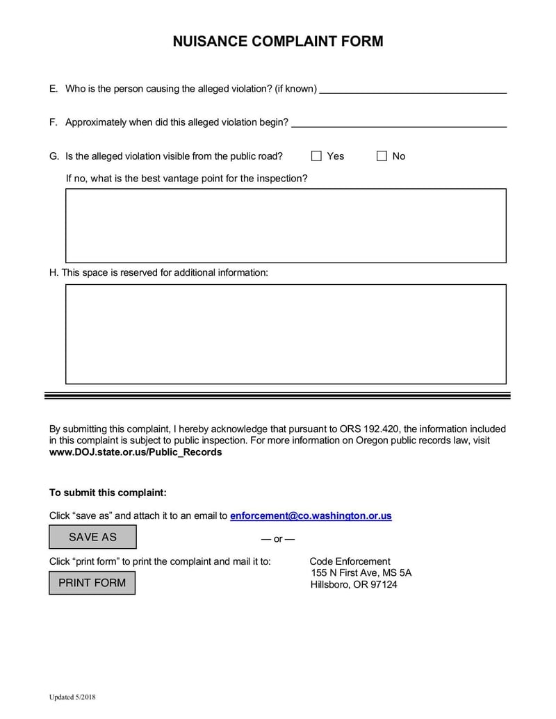 Large thumbnail of Nuisance Code Complaint Form - May 2018