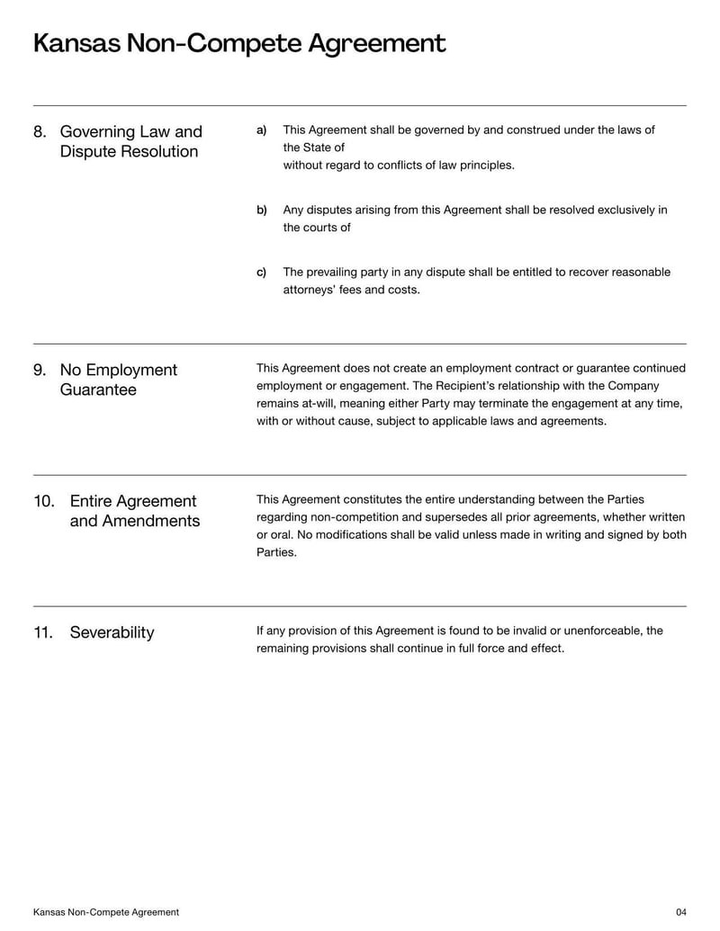 Non-Compete Agreement Kansas template outlining employment competition restrictions