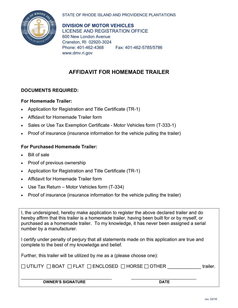Large thumbnail of Rhode Island Affidavit for Homemade Trailer (2016)