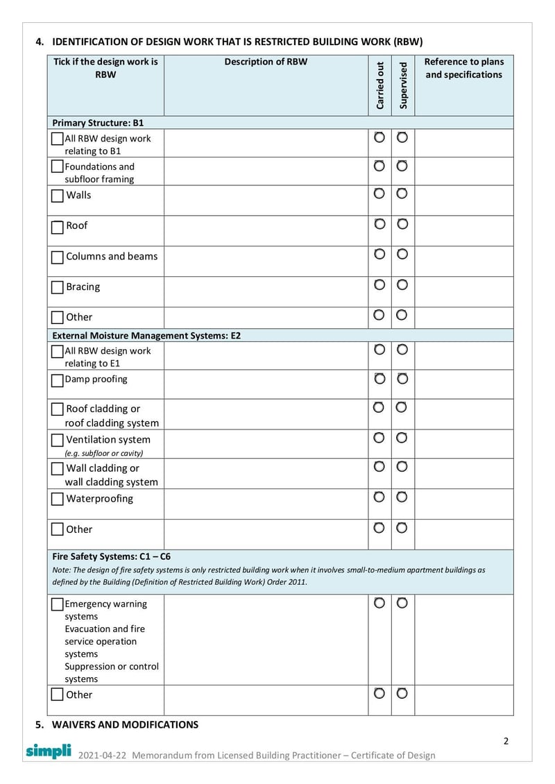 Large thumbnail of Memorandum from Licensed Building Practitioner - Certificate of Design Work (Form 2A) - Apr 2021