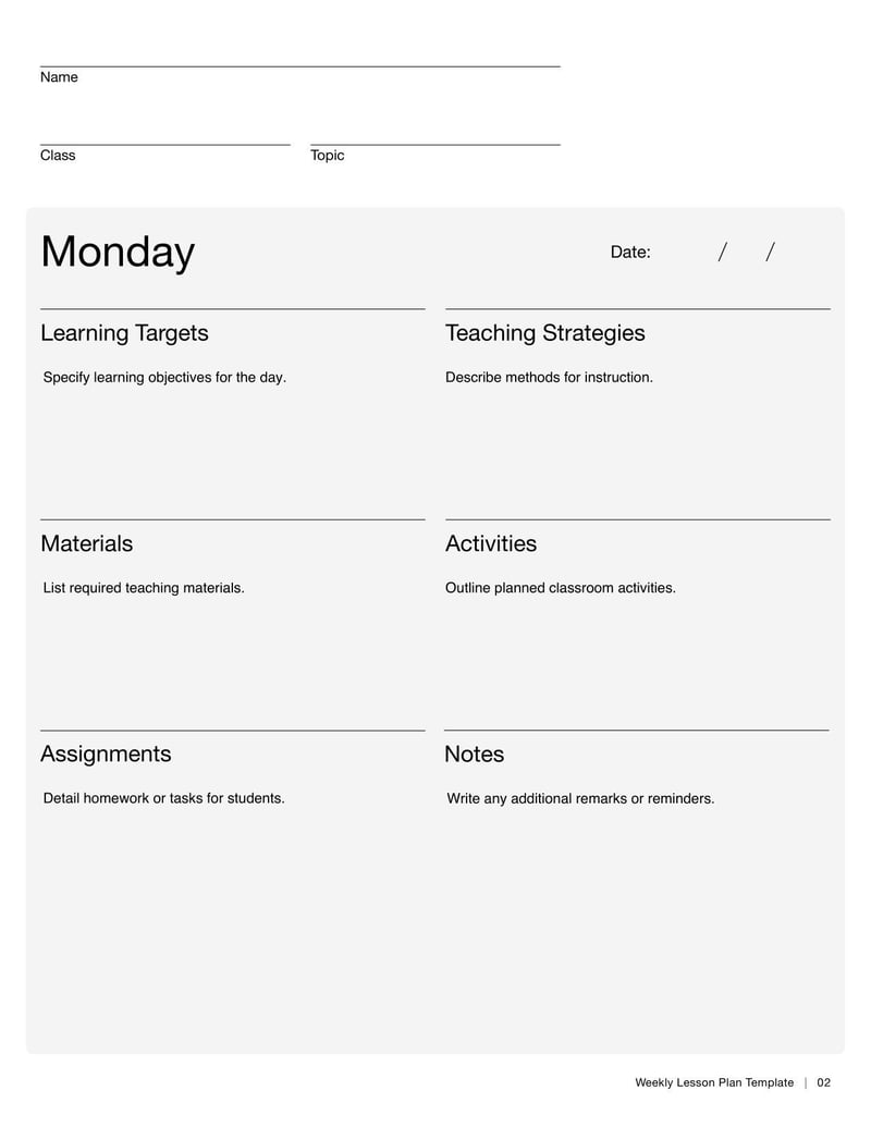 Weekly Lesson Plan Template for organizing weekly instructional activities and objectives