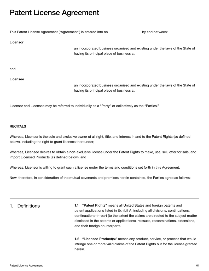 Patent License Agreement detailing royalty terms, license scope and patent protections