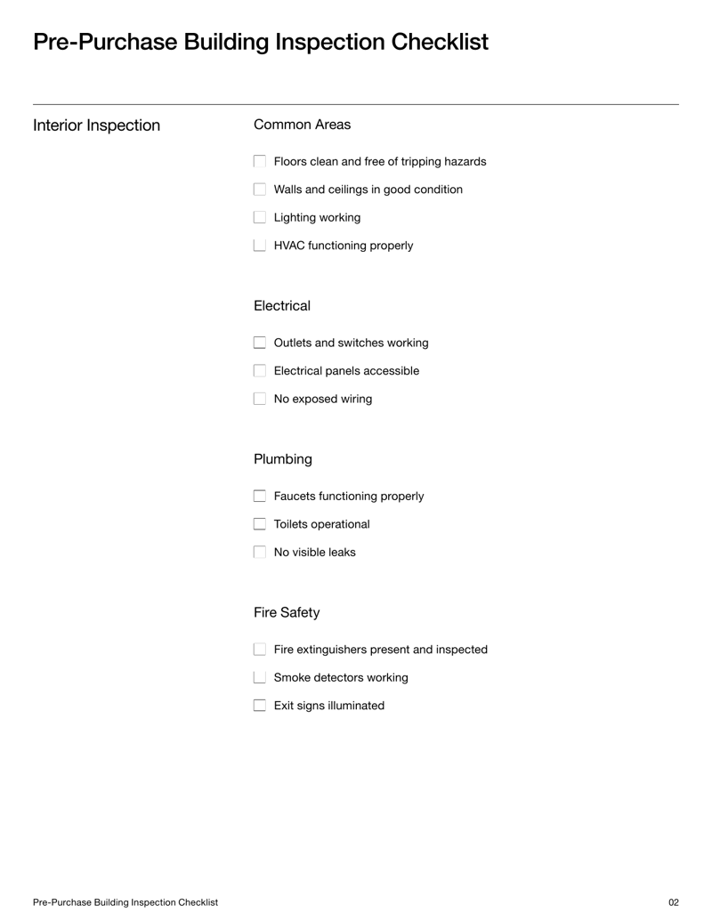 Pre-Purchase Building Inspection Checklist form with sections for exterior areas, interior inspection, mechanical systems and structural integrity