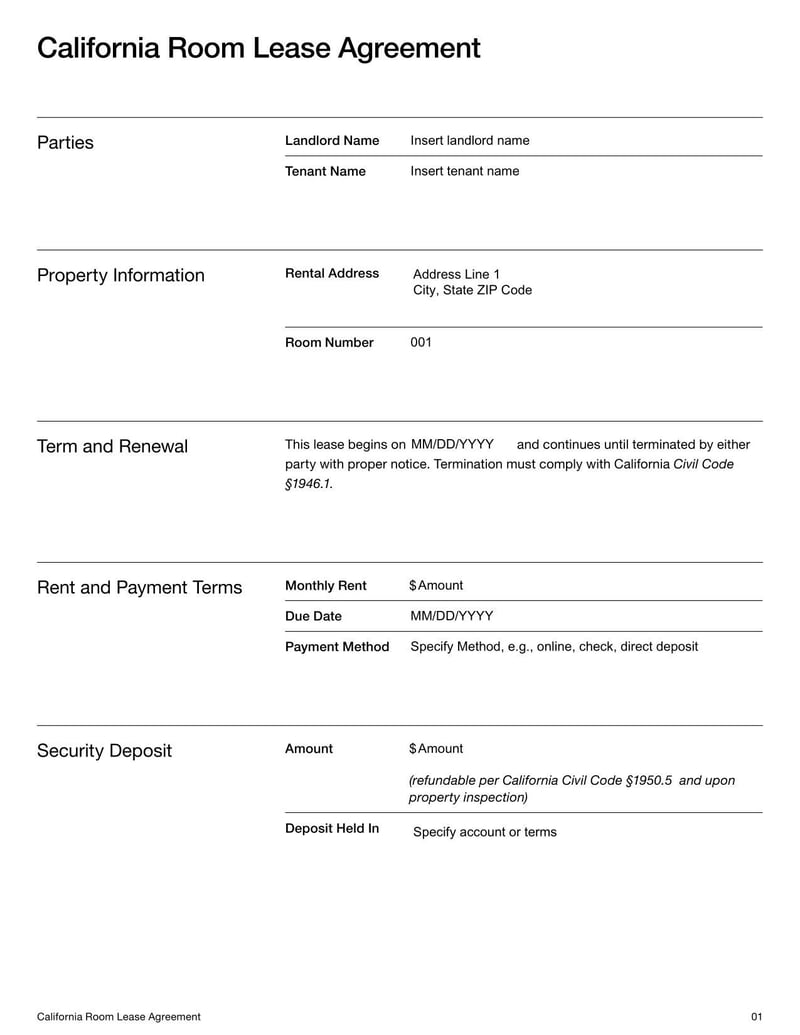 Room Lease Agreement California for specifying rental terms, tenant responsibilities, and use of a room within a residential property in California