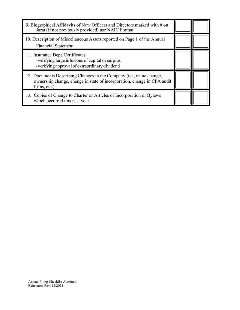Large thumbnail of Annual Filing Checklist Admitted Reinsure Form - Dec 2021