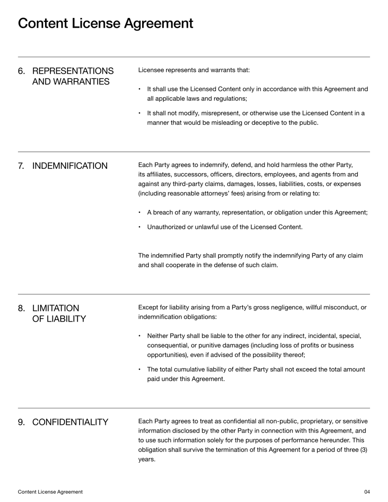 Content License Agreement detailing usage terms, rights and restrictions for licensed creative works