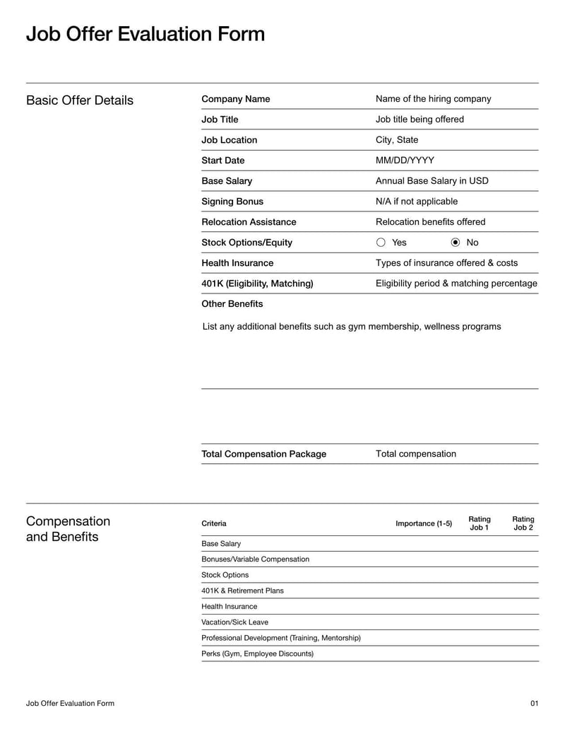 Job Offer Evaluation Form to compare multiple job opportunities