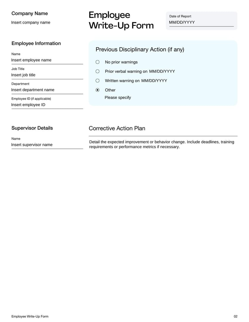 Employee Write Up Form for documenting workplace policy violations or performance issues