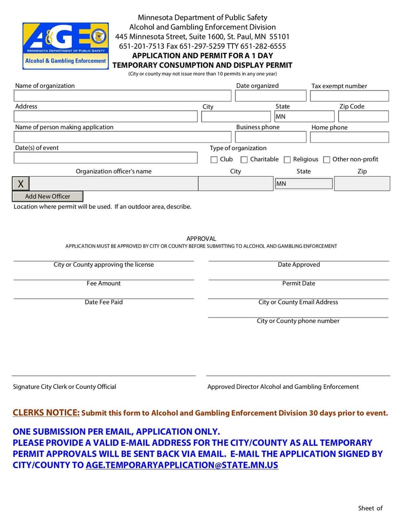 Large thumbnail of Application and Permit for 1 Day Temporary Consumtion and Display Permit Form - Sep 2019