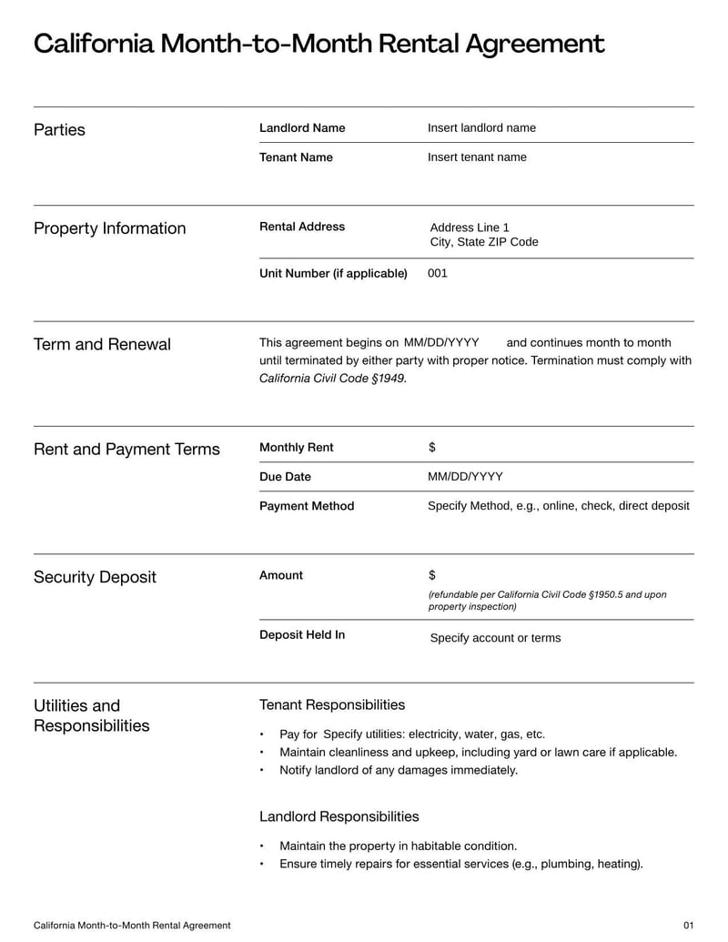 California Month to Month Rental Agreement for setting rental terms with flexible lease durations