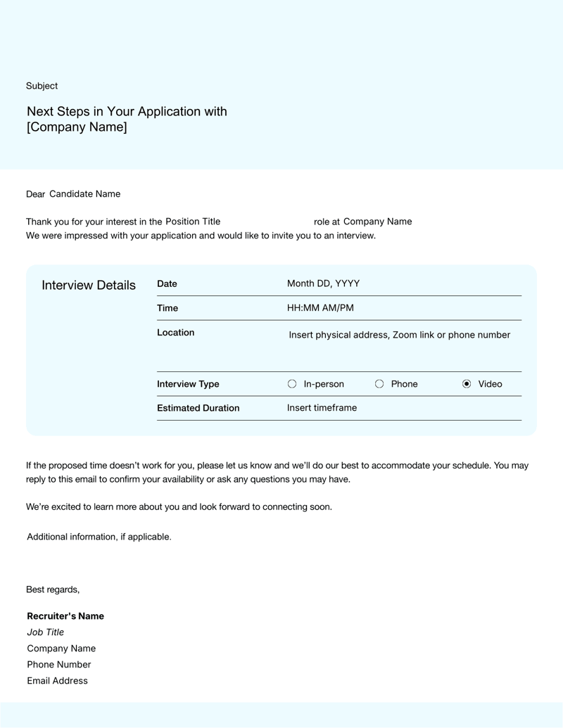 Interview Invitation Email Template with customizable schedule and candidate details