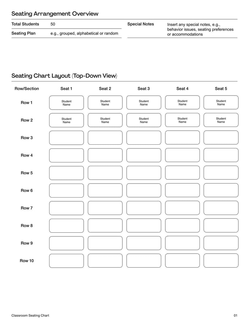 Classroom Seating Chart to organize student seating arrangements