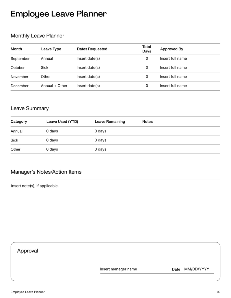 Employee Leave Planner template with yearly allocation, monthly scheduling tables, leave summaries and approval fields