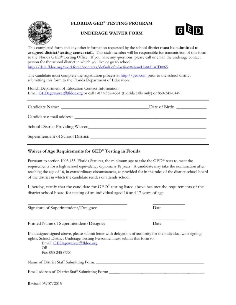Large thumbnail of Florida GED Testing Program Underage Waiver Form